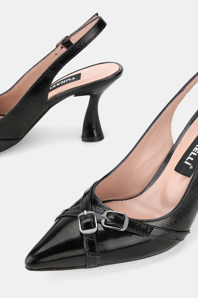 TUNAELLİ KADIN SİYAH RUGAN HAKİKİ DOĞAL DERİ 33-34-35-41-42-43 NUMARA İNCE TOPUKLU ARKA AÇIK AYAKKABI