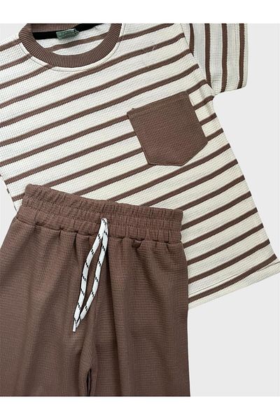 ALİŞ KİDS Boy's Cotton Brown Striped Pocket Waffle Fabric Short Sleeve Shorts Summer Suit