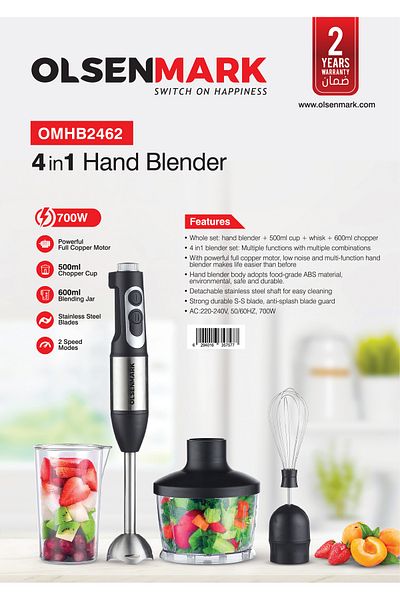 Olsenmark 4 In 1 Hand Blender - 600 ml Jar - 700w - Omhb2462, Grinder Mixer Shaker Chopper