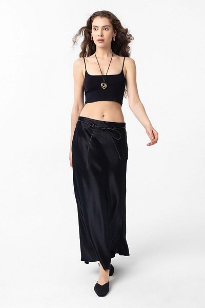 Antioch Black Belted Satin Long Women's Skirt