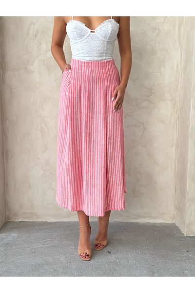 Miss Allos Women's Pleated and Double Pocket Detailed Striped Midi Length Linen Skirt
