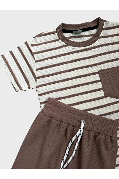 ALİŞ KİDS Αγόρι Βαμβακερό καφέ ριγέ ύφασμα βάφλα με κοντομάνικο σορτς καλοκαιρινό κοστούμι