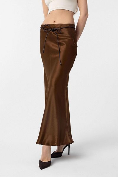 Antioch Brown Belted Satin Long Women's Skirt