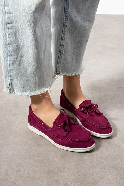 ShoeTek Rinsa Women's Ballerina Lace-Up Moccasin Claret Red Suede