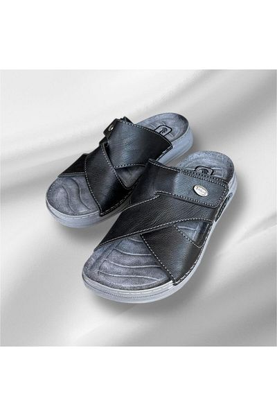 Enova Men's Black Gray Orthopedic Soft Sole Stitched Daily Home Beach Slippers