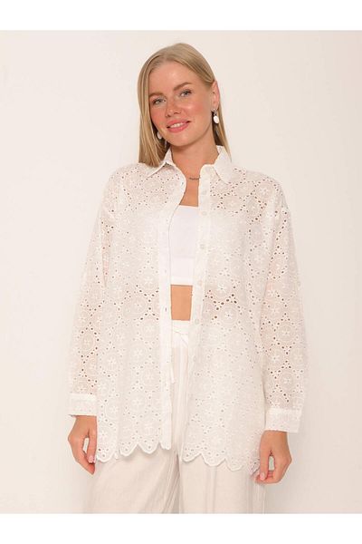 Coral Diamond Patterned Laser Shirt Ecru