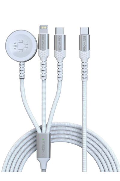 Promate iCharge-Trio 5-in-1 Charging Cable, 60W USB-C, 27W Lightning, Apple Watch Charger