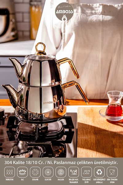 Amboss Aquamarine Stainless Steel Teapot with Gold Handle - Large Size