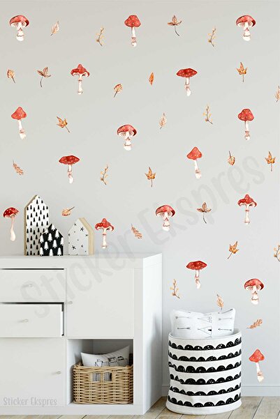 Sticker Ekspres Червоні гриби та листя Набір наклейок на стіни для дитячої кі...