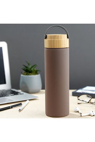 PUFO Termos metalic Traveler cu capac etanș din bambus, izotermic, 500 ml, gri