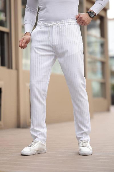 Afri Striped Fabric White Jogger Pants