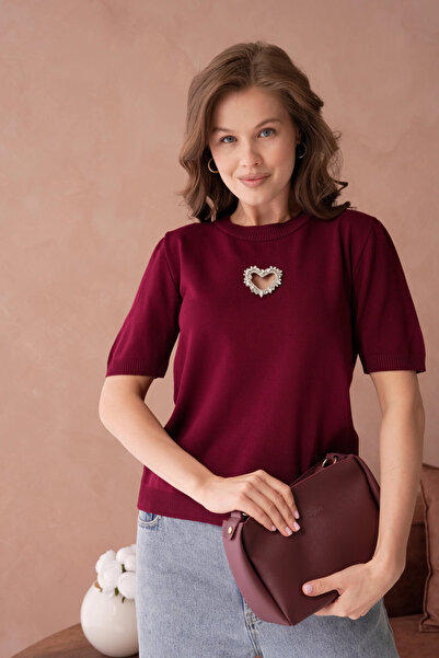 Park Karon Short Sleeve Mercerized Sweater with Stone Accessory Detail