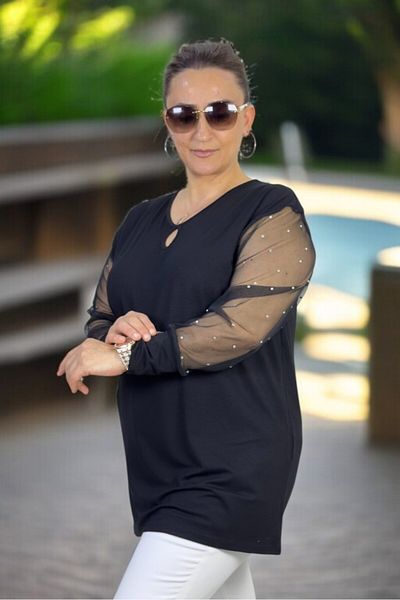 yagmurberen V-Neck Plus Size Bluz with Pearl Decoration on Sleeves