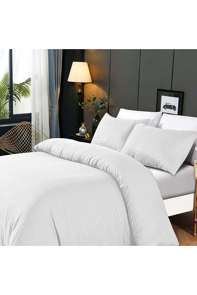 Hotel Linen Klub 3-Piece Duvet Cover Set, 100% Cotton Stripe Sateen Fabric, White