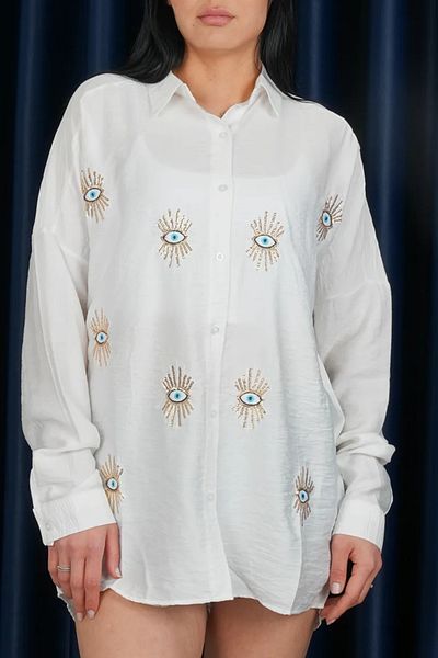 Stil Sepeti Cămașă albă oversize pentru femei, brodata cu paiete ST- 1000742
