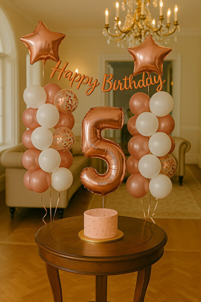 hediyeofisi Rose Gold Konsepti 5 Yaş Doğum Günü Seti Rakam Ve Yıldız Folyo Ba...