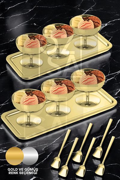 ÖzSa Home 6-Person Gold Ice Cream Server Presentation Set Footed Ice Cream Dessert Bowl 2 Tray Ice Cream Spoon Set