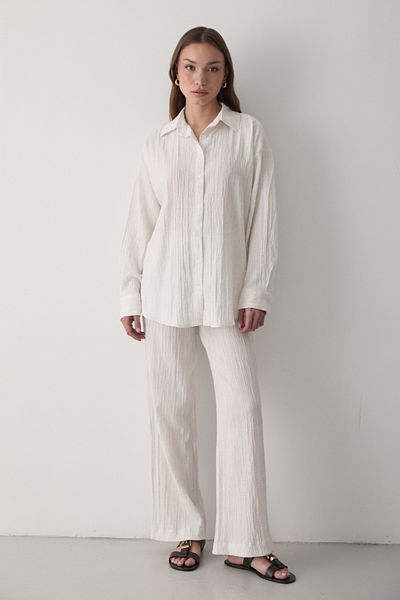 JASTE Women's Ecru Oversize Linen Shirt & Trousers Set with Laces