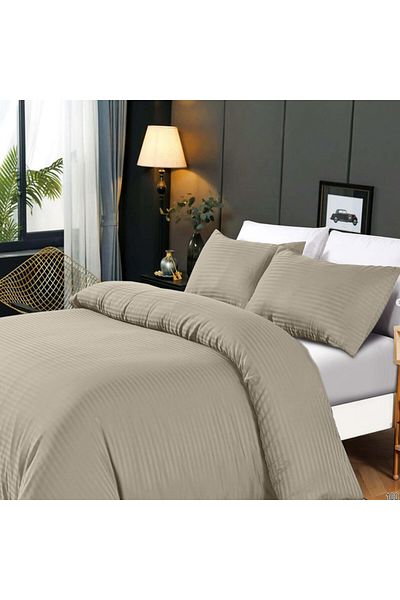 Hotel Linen Klub 3-Piece Duvet Cover Set, 100% Cotton Stripe Sateen Fabric, Stone
