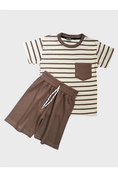 ALİŞ KİDS Boy's Cotton Brown Striped Pocket Waffle Fabric Short Sleeve Shorts Summer Suit