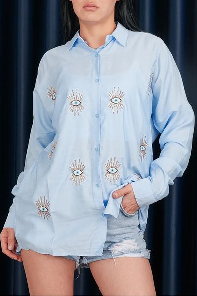 Stil Sepeti Cămașă albastră oversize cu paiete brodate pentru femei ST- 1000742