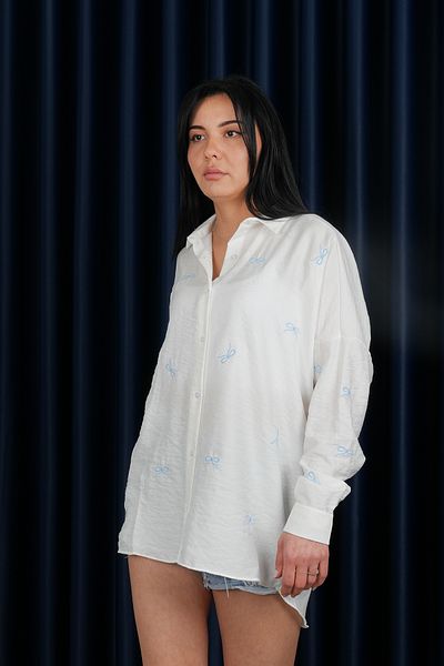 Stil Sepeti Women's White Oversize Bow Patterned Embroidered Shirt St- 1000714232