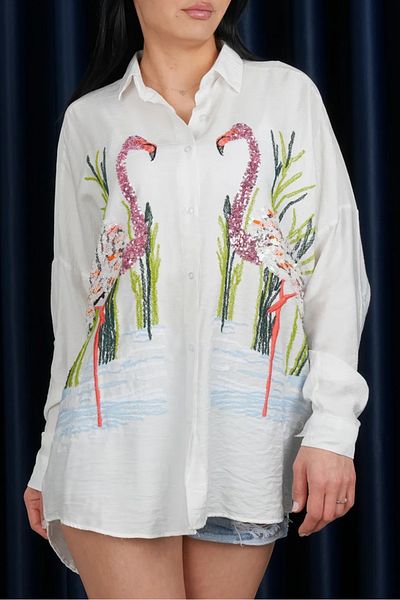 Stil Sepeti Cămașă albă oversize pentru femei, cu model flamingo, brodată cu paiete ST- 1000743