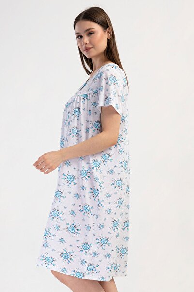 VİENETTA Cămașă de noapte albastră cu mânecă scurtă pentru femei 100% BUMBAC C8T7N7O161