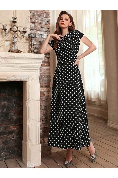 JANES Women's Polka Dot Short Sleeve Crew Neck Crepe Long Casual Dress