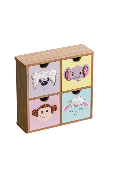 Eq deco Sevimli Teddy Kumaş Detaylı Ahşap 4 Çekmeceli Düzenleyici Hayvan Figürlü Masa Üstü Kutu Çocuk Odası