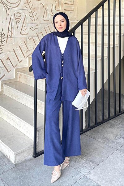 lamelif Front Double Lacing Detailed Kimono Hijab Suit Navy Blue