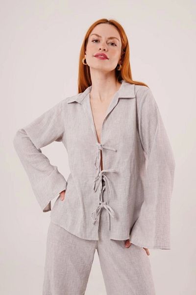 nedo7 Front Tie Detailed Trousers and Shirt Gray Double Suit