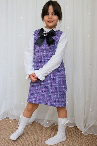 Parla Kids Rochie de Crăciun cu mânecă lungă din tweed cu broșă Vanessa mov liliac