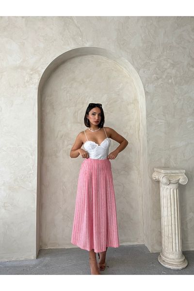 Miss Allos Women's Pleated and Double Pocket Detailed Striped Midi Length Linen Skirt