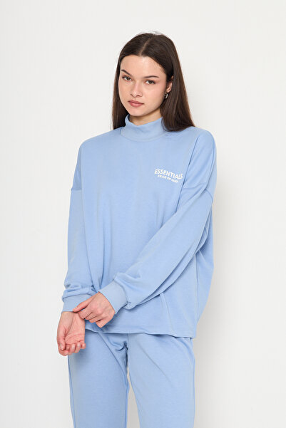 MODA Mavi Essentials Baskılı Yarım Balıkçı Sweatshirt-Eşofman Kadın Eşofman Takımı