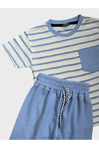 ALİŞ KİDS Αγόρι Βαμβακερό μπλε ριγέ ύφασμα βάφλα με κοντομάνικο σορτς καλοκαιρινό κοστούμι