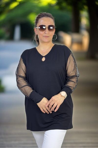 yagmurberen V-Neck Plus Size Bluz with Pearl Decoration on Sleeves