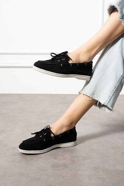 ShoeTek Rinsa Women's Ballerina Lace-Up Moccasin Black Suede