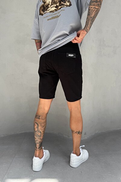 MADZEYMODA Siyah Denim Kumaş Yırtık Detaylı Erkek Jean Kot Şort KE-462