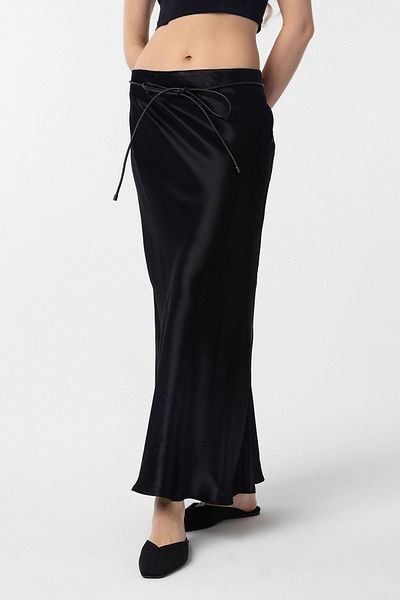 Antioch Black Belted Satin Long Women's Skirt