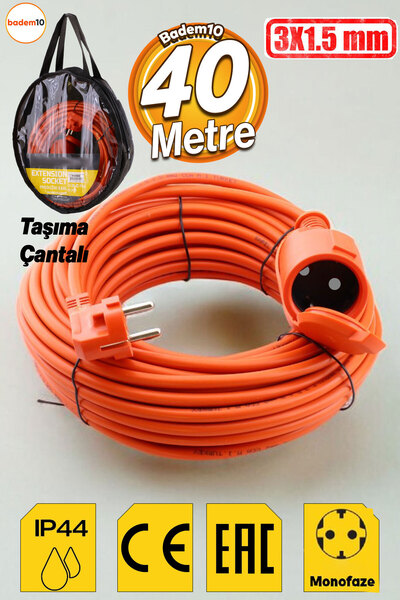Badem10 Uzatma Kablosu 3x1.5 Mm 40 Metre Kapaklı Monofaze Ev Tipi Topraklı Cc...