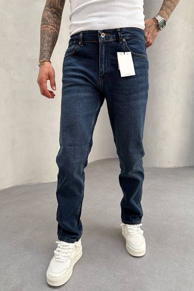 MADZEYMODA Ανδρικό τζιν παντελόνι με κανονική εφαρμογή Lycra εύκαμπτο σκούρο μπλε τζιν KE-675