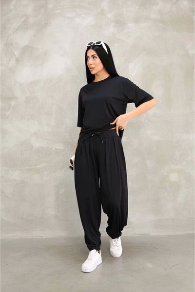 nedo7 Osy Modal Soft Textured Fabric Oversize Crew Neck T-Shirt Jogger Sweatpants Tracksuit Set - S