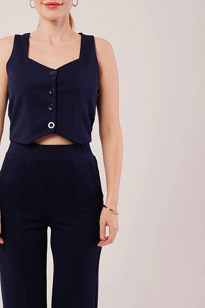 nedo7 Thick Strap Buttoned Vest and Trousers Navy Blue Suit