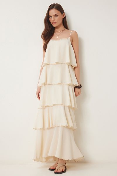 Lovelyİstanbul Layered Summer Long Linen Dress Cream Lns0040