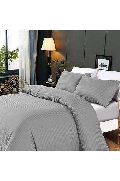Hotel Linen Klub 3-Piece Duvet Cover Set, 100% Cotton Stripe Sateen Fabric, Silver