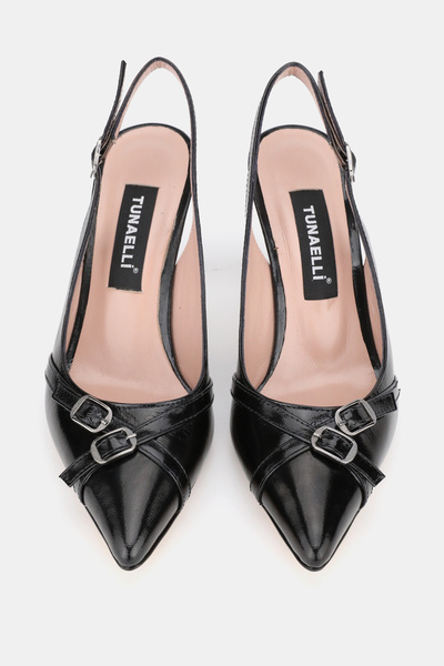 TUNAELLİ KADIN SİYAH RUGAN HAKİKİ DOĞAL DERİ 33-34-35-41-42-43 NUMARA İNCE TOPUKLU ARKA AÇIK AYAKKABI