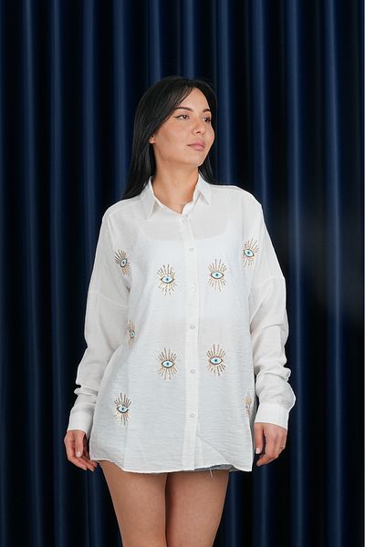 Stil Sepeti Cămașă albă oversize pentru femei, brodata cu paiete ST- 1000742