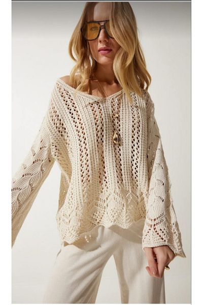 K-ODEA BUTİK Ecru Openwork Spanish Sleeve Seasonal Knitwear Sweater