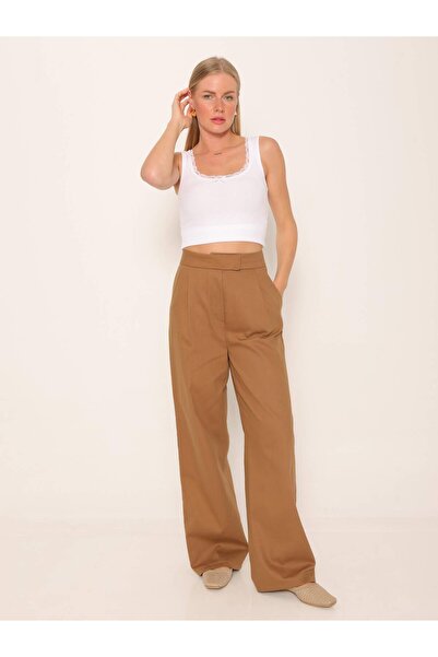 Coral Beli Çıtçıtlı Yüksek Bel Pantolon Kahve